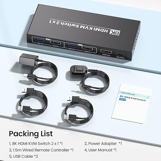 8K60Hz 4K120Hz HDMI KVM Switch 1 Monitor 2 Computers, 2 Port KVM Switch for Controlling 2 PCs with 1 Monitor, Keyboard and Mouse, 4 Port USB 3.0 for Peripheral
