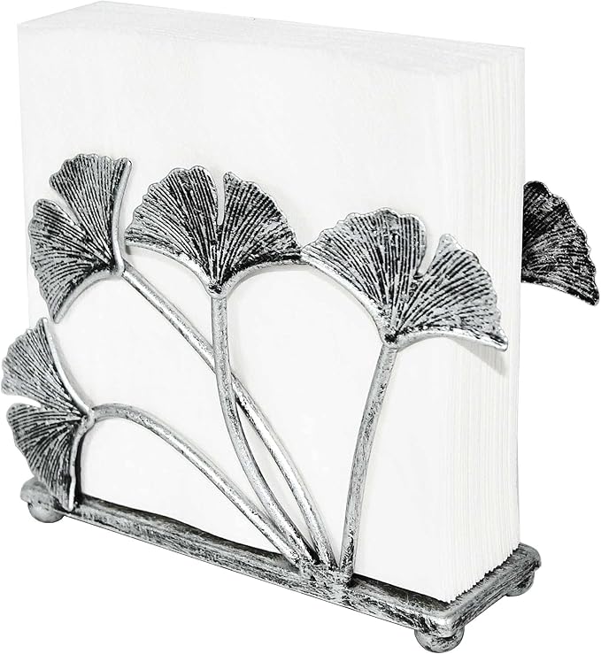 OwlGift Modern Ginkgo Leaves Design Napkin Holder for Tables, Metal Paper Napkin Storage for Kitchen, Stylish Paper Towel Dispenser, Mail Letter Sorter Rack, Document File Organizer – Silver