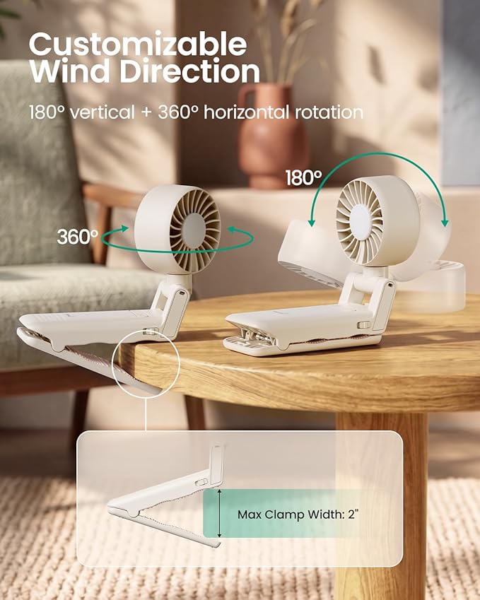 GROWNSY Portable Stroller Fan with Clip | Foldable Mini Fan for Carrier | Small Handheld Fan with Soft Night Light | Rechargeable 4-Speed Personal Fan for Travel/Desk/Bed/Backpack/Car Seat (Beige)