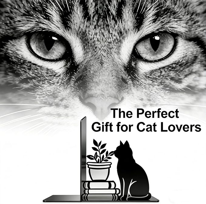 Decorative Cat Bookends, Metal Book Ends for Shelves - Cute Modern Cat Shape Bookend Holder for Bookshelf, Home Office Desk Decor, for Cat Lovers & Reading Enthusiasts