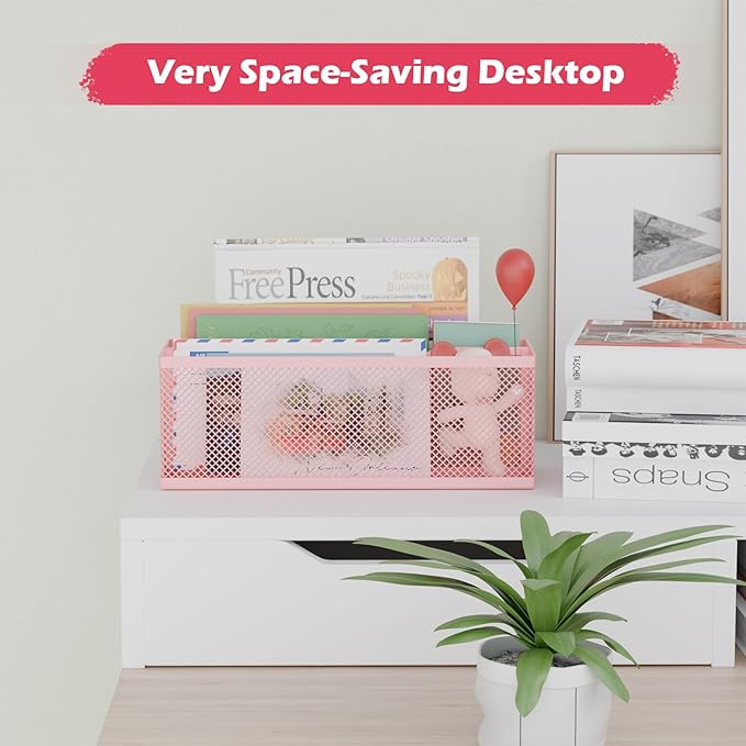 Mail Holder Countertop, Mail Organizer with 2 Slots, Mail Basket Wall Mounted Desktop Mail Sorter Letter Holder Box Envelope Organizer for Home Office, Pink