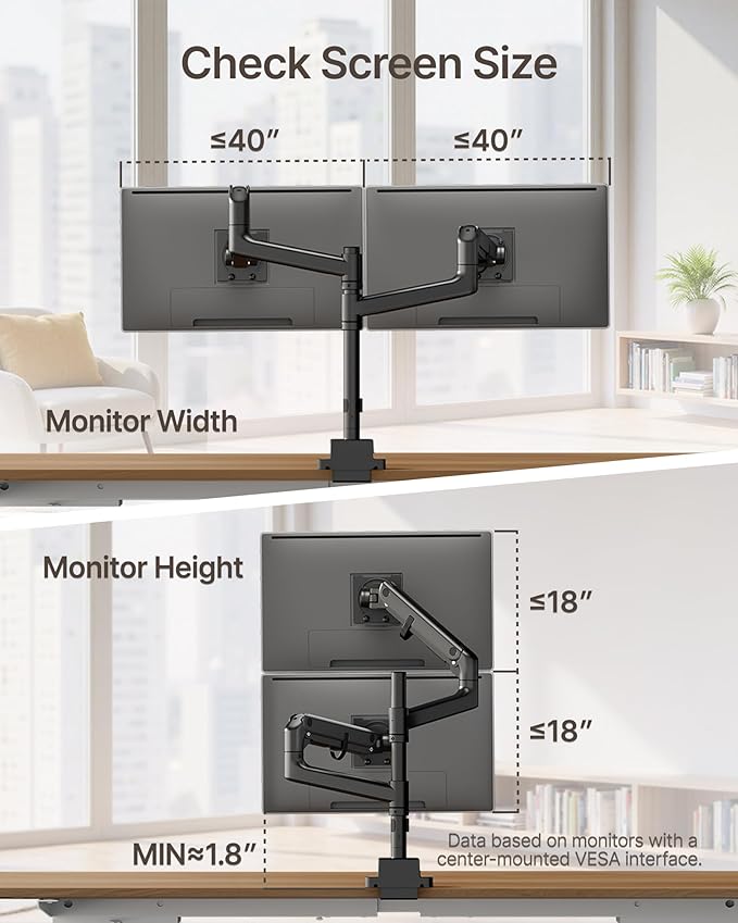 monTEK Dual Monitor Arm for up to 57" and 59.4 lbs Ultrawide Screen, Aluminum Heavy-Duty Gas Spring Vertical Stackable Curved Screen Adjustable Monitor Stand, 75/100mm Vesa Mount, Black