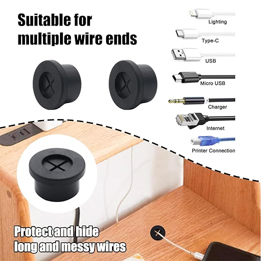 6 Pcs 16mm / 5/8 Inch Black Cable Cord Grommets, Rubber Desk Grommets for Table Computer Desk Wire Organizer TV Console and Other Furnitures Cover