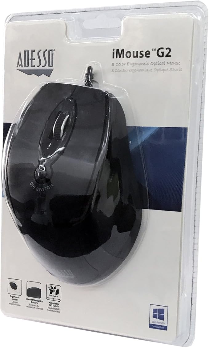 Adesso iMouse G2 - USB Ergonomic Optical Mouse Adjustable DPI Internet Navigational B, Black