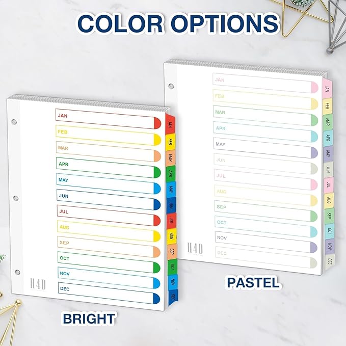 H4D Monthly Binder Dividers for 3-Ring Binder, Jan-Dec 12 Tab Dividers with Customizable Table of Contents, Multicolor Tabs, Reinforced Holes, Letter Size, Bright, 4 Sets