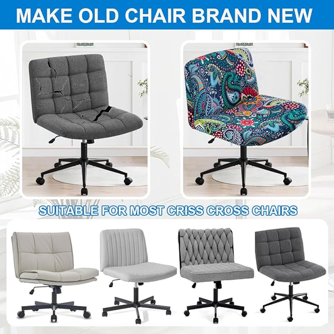 Levoberg Armless Criss Cross Office Desk Chair Cover Slipcovers Printed Vanity Desk Chair Covers Armless Cross Legged Wide Chair Covers Accent Mid Back Wide Swivel Task Chair Protector #3
