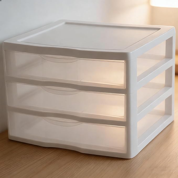 Wide 3-Drawer Unit (2-Pack), Clear Plastic Countertop Desktop Storage Organizer, White