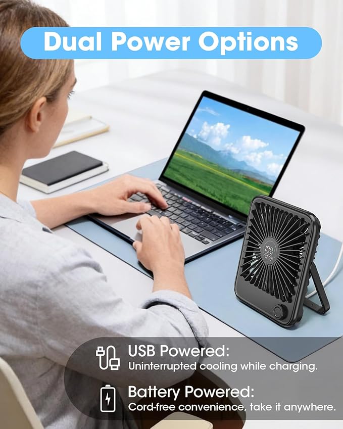 Ouddy Mode 2 Pack Small Desk Fan, Rechargeable Quiet Portable Travel Fan with 100 Wind Speeds Digital Display White and Black Personal Fans for Office Bedroom Home Outdoor
