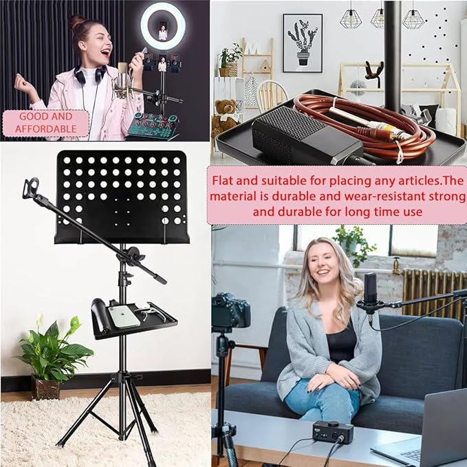 2 Pcs Universal Microphone Stand Tray, Adjustable Clamp-On Rack Tray Holder Mic Rack Stand Tray for Music Sheet, Live Streaming, Karaoke, Recording, Music Stand Accessories(6.8X9.4inches)