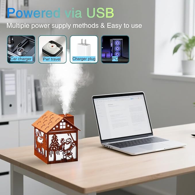Colorful Cool Mini Humidifier, Cabin styling with Christmas theme,USB Personal Desktop Humidifier 2 Mist Modes, 7 colors,Super Quiet Perfect for Baby Bedroom, Office (Lightwood)