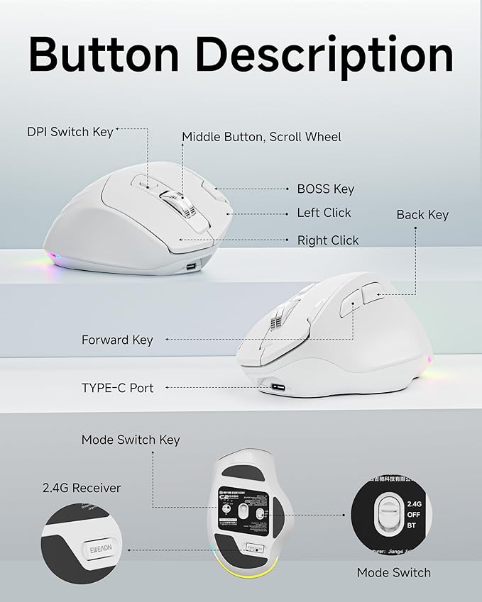 EWEADN C2 Ergonomic Wireless Mouse, Rechargeable Bluetooth & 2.4G Dual Mode Computer Mouse with RGB, Quiet Clicks, 5 Adjustable 4000 DPI, Comfortable Grip for Laptop, PC, Mac, Office - White