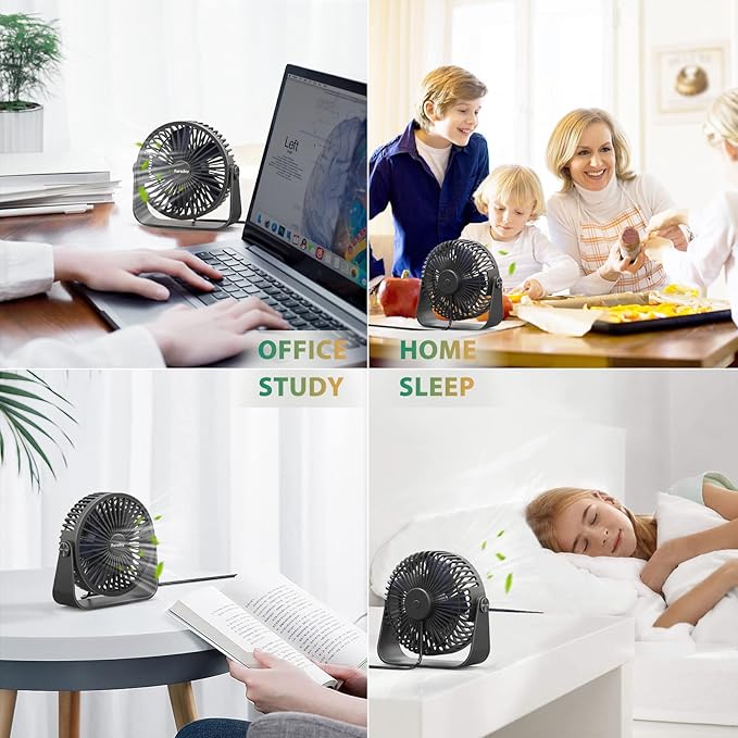 FARADAY USB Desk Fans 5 Inches Portable Table Fans 360° Head Rotation Small Personal Desktop Fan for Home Office, 3 Speeds, Black