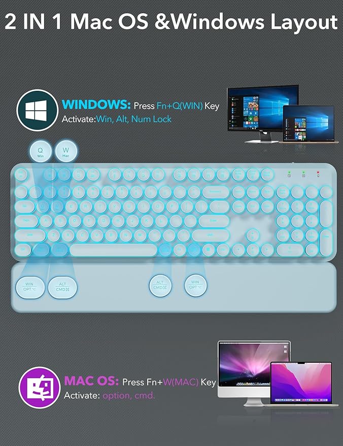 Wireless Keyboard and Mouse Backlit - Typewriter Keyboard with Detachable Wrist Rest, Light Up Letters, 2.4G Rechargeable Combo for Mac, Windows, PC, Laptop, Trueque (Blue)