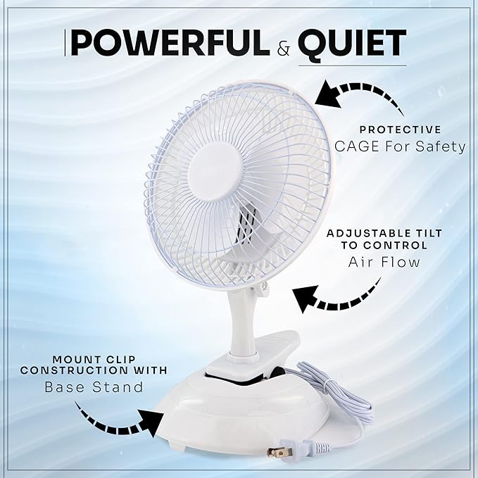 RamPro Portable Desk and Clip on Fan, 6 Inch Fans Small and Quiet Plug In, Small Personal Cooling Fan for Desk Home Bedroom Office, 2 Speed, Adjustable Tilt, White