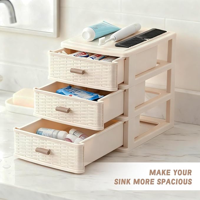 Small Storage Desk Wicker Weave Drawer 3 Drawers Plastic Storage Mini Plastic Weave Drawer Unit with Pull Handles Desk Organizer for Office Supplies Craft Countertop Makeup Bathroom(White)