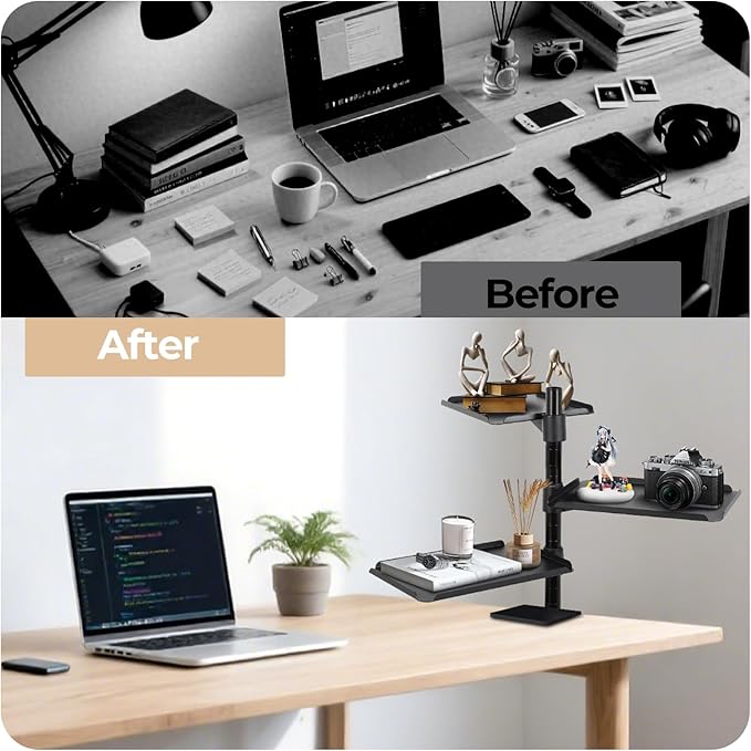 FAHKNS 3-Tier Clamp on Desk Shelf - Multifunctional Desk Clamp Shelf๏ผErgonomics Metal Desk Extension for Home/Office/Game Room๏ผTabletop Book Storage Rack๏ผDesktop Thickness 0.4-2.2โ