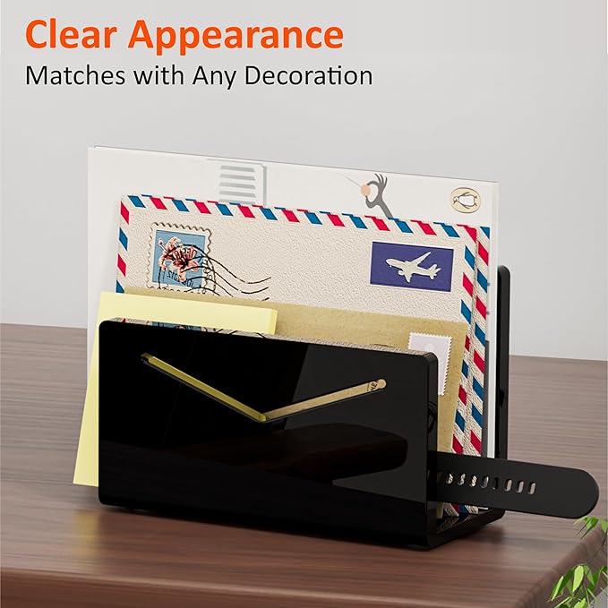 FUCDTEFC Acrylic Mail Holder, Black Acrylic File Letter Organizer, Vertical Envelope Mail Holder for Desk, Lightweight Countertop Bill Holding Sorter Letter Invoice Stand for Home Office School