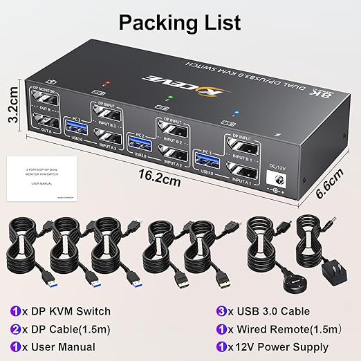 KCEVE KVM Switch 2 Monitors 3 Computers Displayport, USB 3.0 KVM Switch 3 Computer Sharing 2 Monitor and 4 USB 3.0 Devices, 4K@144Hz, Wired Remote(4K DP 3 in 2 Out KVM)