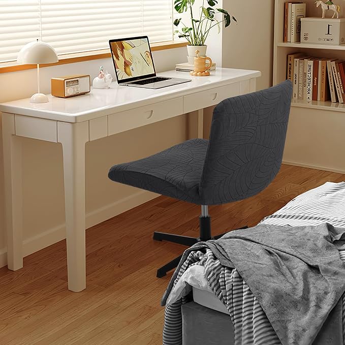 Fuloon Criss Cross Chair Cover, Waterproof, Stretchable, Solid Jacquard, Suited for Armless/Office/Desk/Mid Back Wide Seat/Computer/Task/Vanity/Accent Chair (Leaves -Shaped Jacquard, Black)