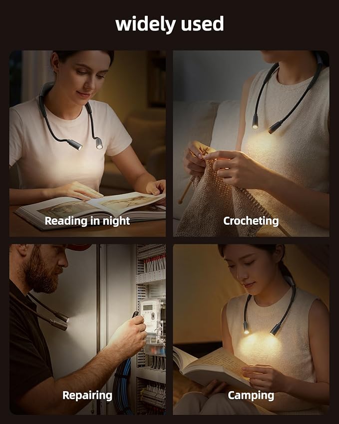 Book Light, 3-Color and Brightness Adjustable Reading Light, Rechargeable and Bendable Round Neck Design, 100hrs Runtime, Perfect Reading Lamp Gifts for Books Lovers, Knitting,Repairing,Working (Gray)