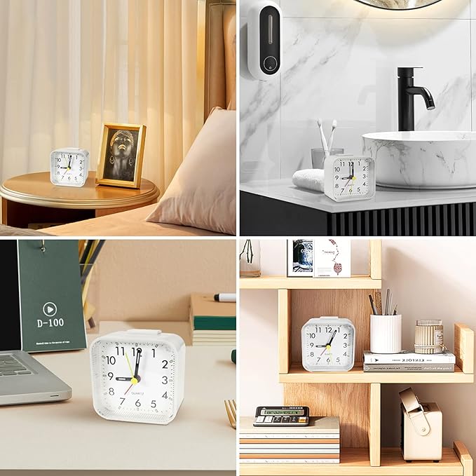 Lamisola Small White Kids Desk Battery Alarm Clock, Analog Travel Clock, Quieter Bedside Clocks for Bedrooms Bathroom Living Room Kitchen Shelf