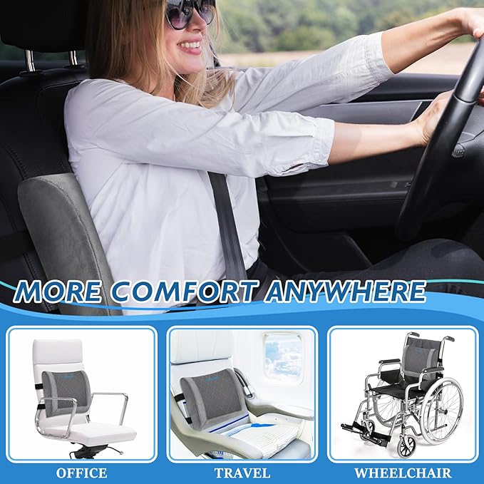LumbarPal Lumbar Support Pillow for Office Chair Back Support Lumbar Pillow for Car, Gaming, Office Chair - Improve Sitting Posture & Back Pain Relief, Memory Foam, Adjustable Straps, Fluffy Grey