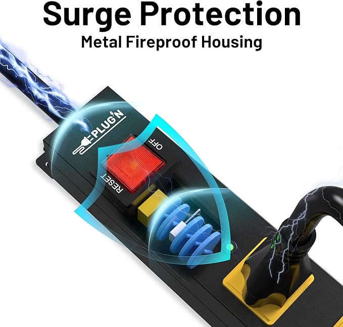 Power Strip 2700J Surge Protector, Heavy Duty Power Strips with 15FT Long Cord and Flat Plug, Wall Mountable Metal 6 Outlet Strip for Desk, Garage, Workbench and Kitchen