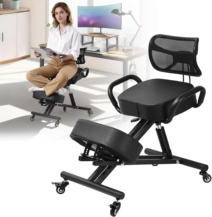 Ergonomic Kneeling Chair with Backrest, Kneeling Chair with Locking Wheels, Adjustable Height Kneeling Support Chairs, PU Computer Kneel Chairs for Living Room