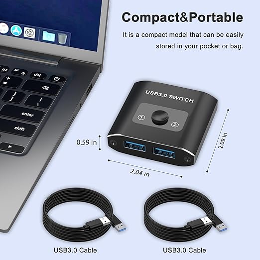 USB 3.0 Switch, Bi-Directional USB Switcher 2 in 1 Out/1 in 2 Out, Aluminum USB Switch 2 Computers Share 1 Device for Printer, Mouse, Keyboard, with 2 USB 3.0 Cables