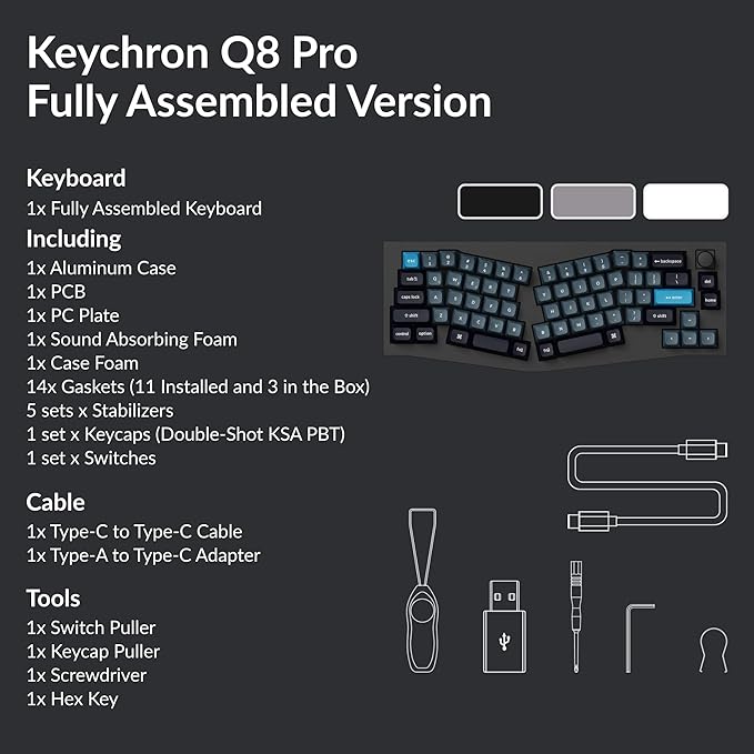 Keychron Q8 Pro QMK/VIA Programmable Wireless Custom Mechanical Keyboard, 65% Alice Layout Bluetooth/Wired, Hot Swappable, Ergonomic, Aluminum, RGB Backlit for Mac Windows Linux-Black