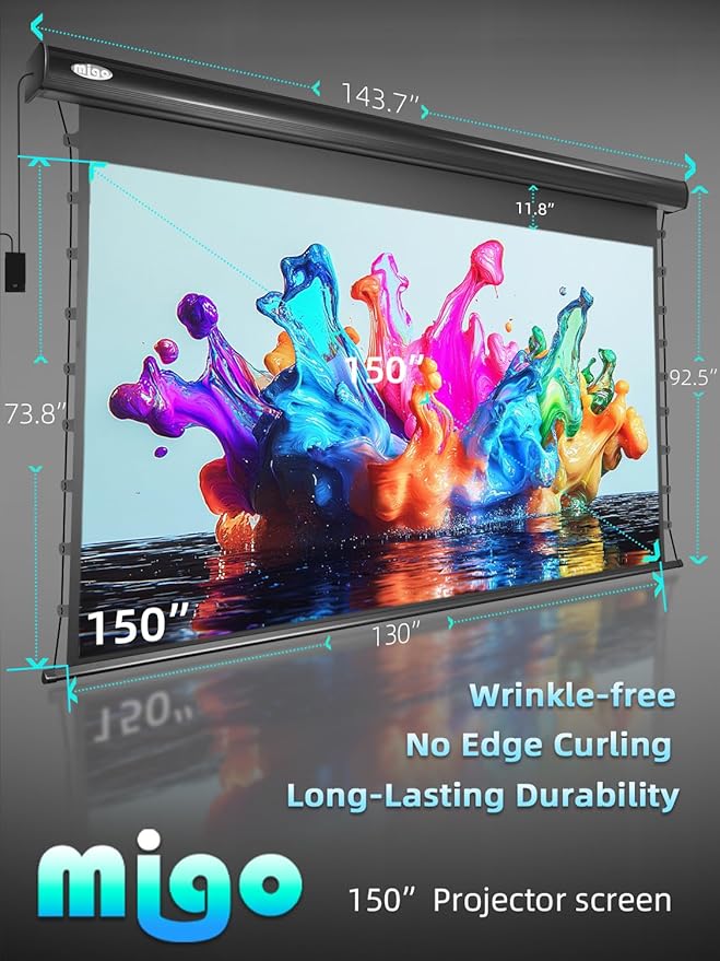 MIGO 150 Inch Pull Down Projector Screen,with Grey Crystal 2.0 Gain Partial Ambient Light Projector Screen Wall/Ceiling Mount for Ultra Short Throw Projector Movie Home Theater Cinema(Black Housing)