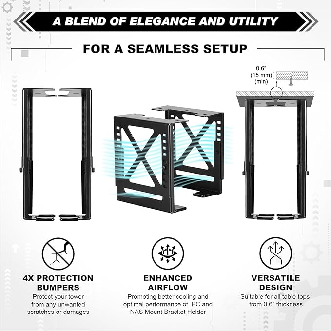 Adjustable Under Desk PC or NAS Mount Bracket Holder up to 22 Lbs Compatible with Desktop NAS CPU UPS Small Form Factor Tower