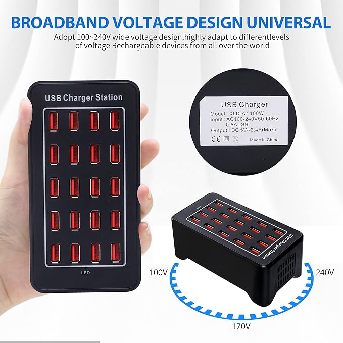20-Port Desktop USB Charging Station - 100W Multi-Function Smart Charger for Smartphones, Tablets and More Devices