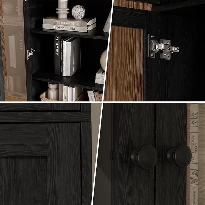 VOWNER 85.5“ H Bookcase with Doors, Wooden Bookshelves and Bookcases for Home Office, Pantry Cabinet with Doors and Shelves, 7-Tier Laundry Room Cabinets, Storage Cabinets for Dining Room (Black)