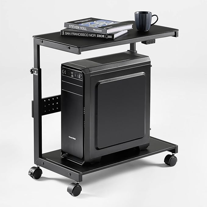 EUREKA ERGONOMIC Height Adjustable Computer Tower Stand, Illuminated Glass Panel PC Stand w/RGB Lights, 2-Tier CPU Holder Cart Under Desk, PC Floor Stand for Office Gaming, APP Control