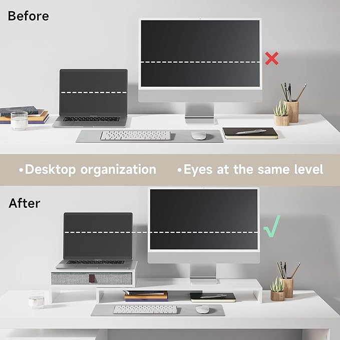 Fenge Computer Monitor Riser Stand with Drawer for 2 or 3 Monitors ,Adjustable Length and Angle Desktop Laptop Stand,Office Organizer,Printer,White