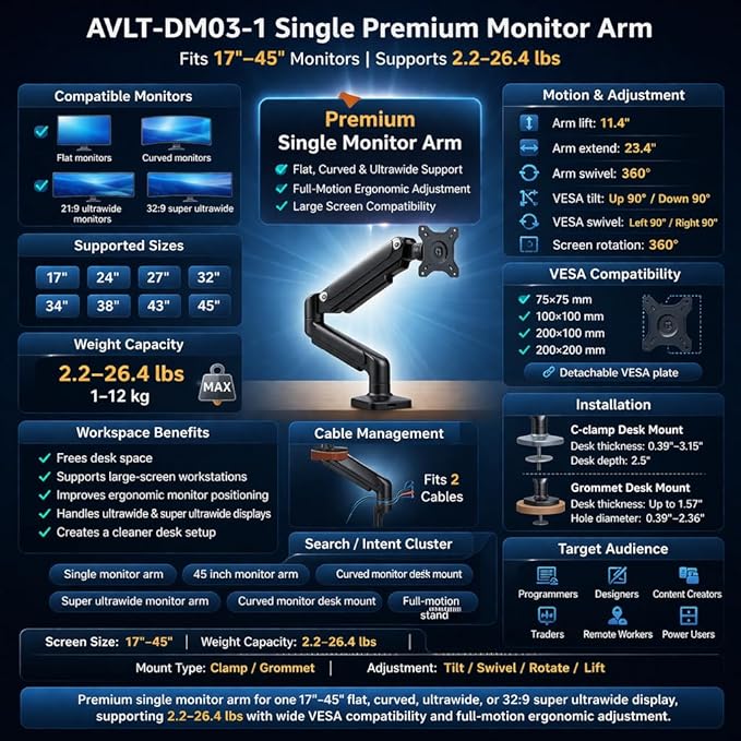 AVLT Single 17"-45" Monitor Arm Desk Mount Premium Mechanical Spring fits One Flat/Curved/Ultrawide Monitor Full Motion Height Swivel Tilt Rotation Adjustable, White