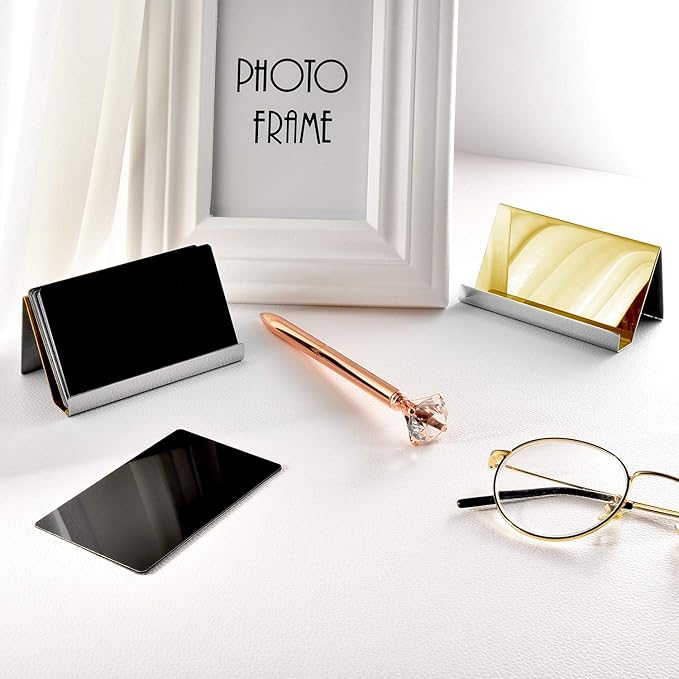 Maxdot 2 Pack Stainless Steel Business Cards Holders Desktop Credit Name Card Display Organizer for Business Mental Name Case Rack for Office Home Daily Use(Champagne Gold)