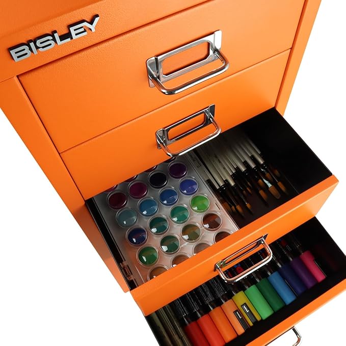 6-Drawer Steel MultiDrawer Cabinet - Bisley Orange, Chrome Pull Handles with Label Holders, Powder-Coated Steel, Removable Drawers, Fits Under Most Desks, Labels Included by Bisley