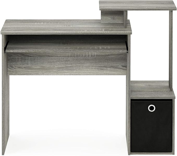 Furinno ECON Desk, 40" Wide Gaming Desk with Keyboard Tray, Computer Desk, Office Desk with Side Shelves and Storage Bin for Home Office, Grey Oak