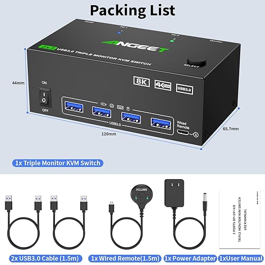 KVM Switch 3 Monitors 2 Computers 8K@60Hz 4K@144Hz, USB 3.0 Triple Monitor KVM Switch with 4 USB 3.0 Ports, 2*Displayport+1*HDMI in,3*HDMI Out,Wired Remote,Power Adapter and USB3.0 Cables Included