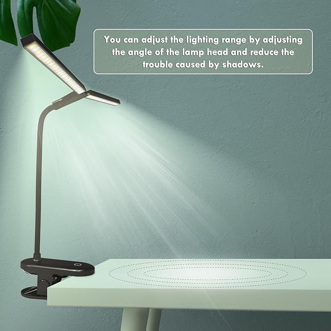 LED Reading Light with Clip, Desk Lamp 48 LEDs 2600mAh Battery USB Rechargeable Book Lights Stepless Adjustable Brightness Eye Protection Table Lamps for Bed Headboard, Home, Office - Black
