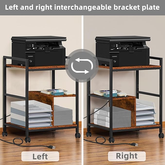 Lerliuo Printer Stand with Charging Station and USB Ports, Large 3-Tier Mobile Printer Table with Storage Shelf, Brown Rolling Industrial Printer Cart with Lockable Wheels for Home Office