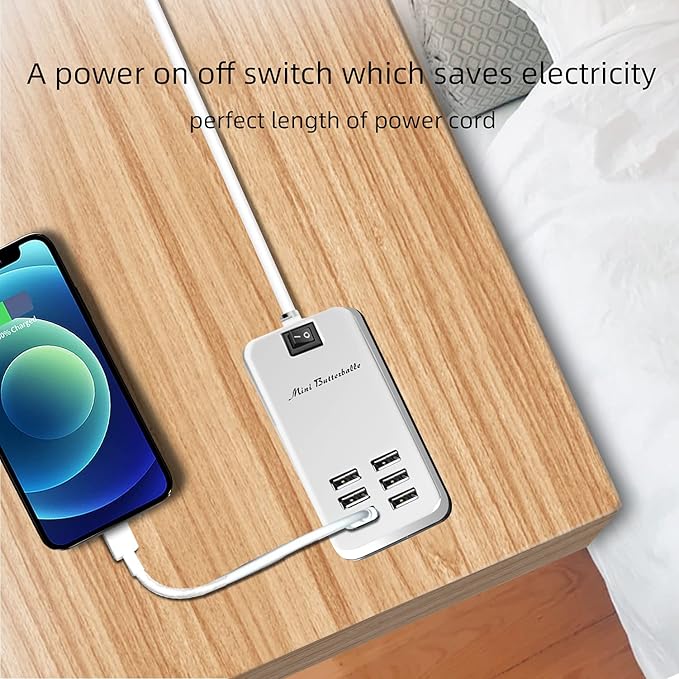 6 Port USB Charging Station, Multi Device USB Charger Hub with ON/Off Power Switch, 5ft Long Cord, Universal Fast Charging Adapter for Cell Phones, Tablets, 5V DC Electronic Devices