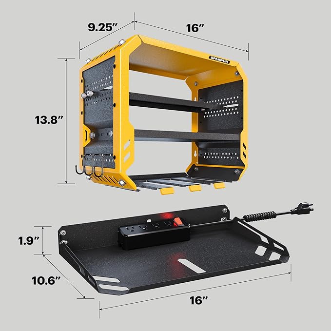 Spampur Tool Organizer Storage Wall Mount, Tool Shelves Drill Holder for Men, Metal Sturdy Steel Rack Saves Space in Workshop/Garage Organizes Power Tools, Screwdrivers, Gadgets, Floating Shelving