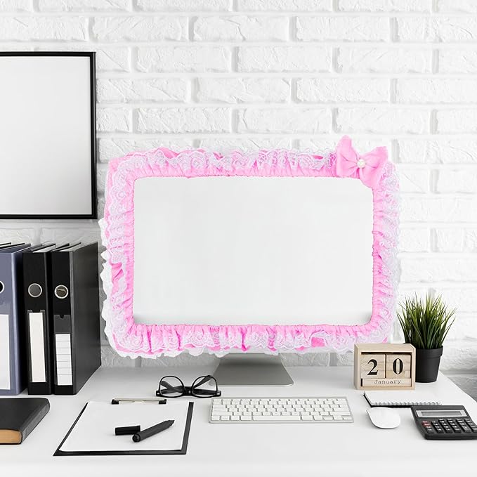 23"-27" Lovely Cute Computer Monitor Cover with Lovely Cute Elastic Pen Pocket Bow-knot TV LCD Screen Monitor Decoration Dust Cover Protector, Lace Fabric, Pink