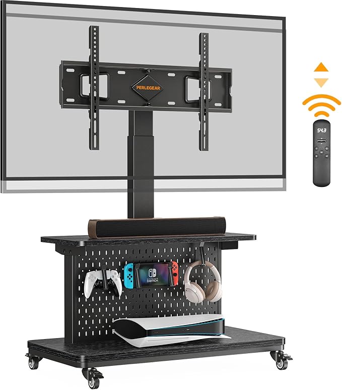 Perlegear Motorized Mobile TV Stand on Wheels, Electric Height Adjustable TV Cart for 32-80″ TVs up to 100 lbs, Rolling TV Stand with Remote Control, 4 Height Memory, ±35° Swivel with Pegboard Storage