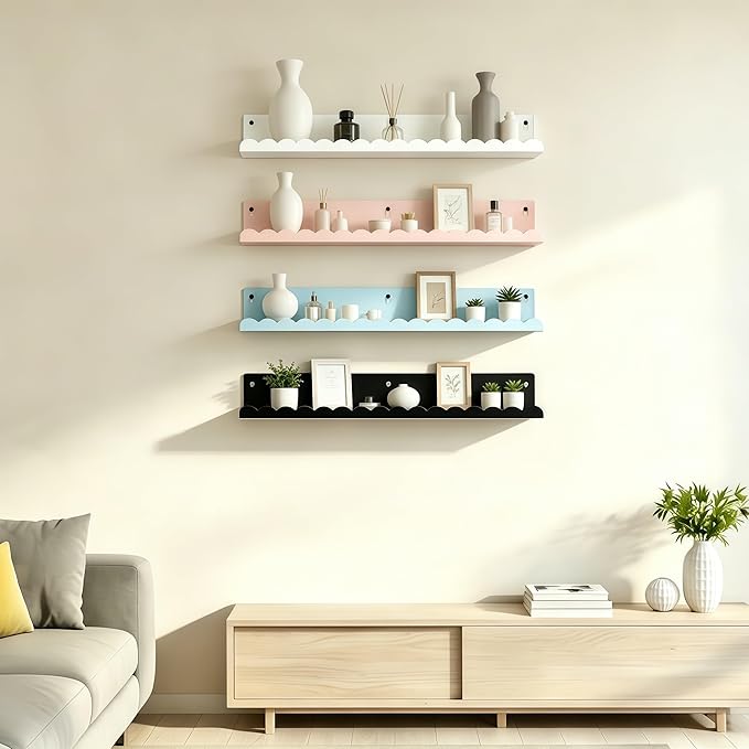 24 Inch Nursery Book Shelves Set of 4, Black Metal Floating Shelves for Wall, Scalloped Cloud Book Shelf for Kids Room, Bathroom, Bedroom, Playroom Wall Decor & Storage
