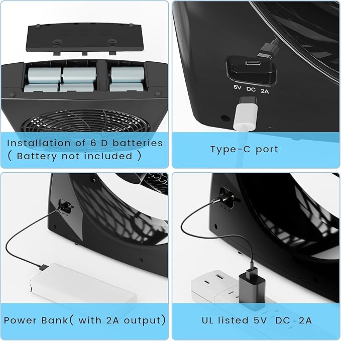9" Desk Fan, Battery & USB-C Powered, 2 Cooling Speeds Table Fan With 90° Adjustable Tilt, 388ft³/Min Powerful Airflow, Portable Desktop Fan for Home, Office, Kitchen, Travel, Black