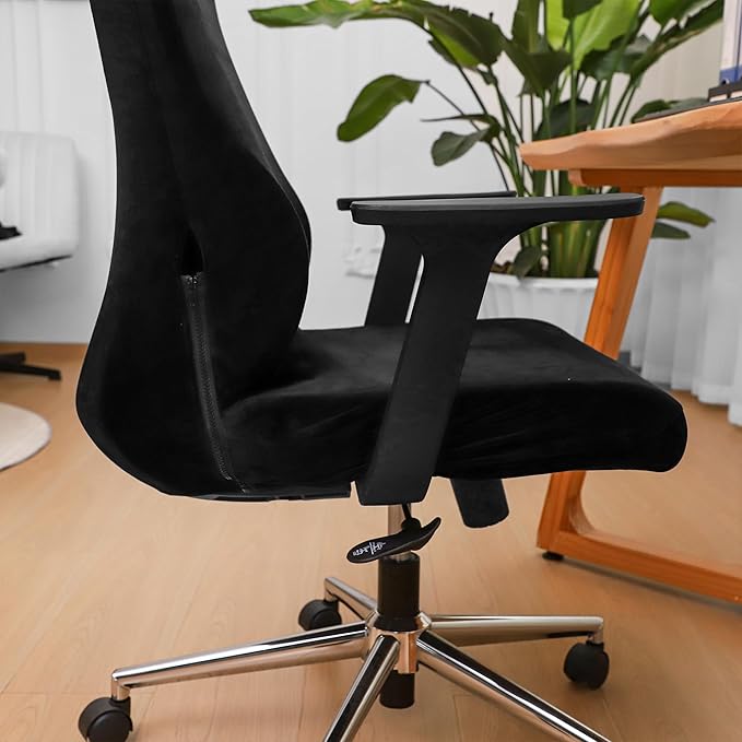 Ergonomic Office Chair Covers Set with Headrest Cover Velvet Stretch Black Cover for Office Chairs with Headrest Washable